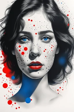 A realistic drawing in negative space black ink on white background of a beautiful girl with high density blue and red dots in the background enhance her face max enrist