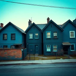 Fotografia di strada assurda e falsa orripilante blu weirdcore dai colori vivaci. Noe. Non luogo falso, inusuale. Max Ernst. Le case sono false e dipinte di nero chiaro con cose stilizzate e dettagli. Ci sono finestrelle false quadrate, che danno un senso distopico e molto surreale, disposte in modo casuale. L'atmosfera generale sembra noiosa e onirica, con un contrasto tra elementi reali ed elementi dipinti falsi, René Magritte