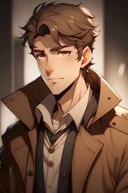 a sly looking young man with dark brown hair and a revelled hairstyle and brown eyes, dressed in an old brown trench coat and a white anime-themed shirt.