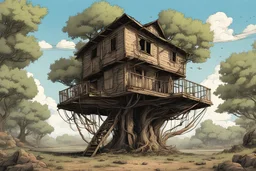 one tree house in the middle of the image, bared land, post-apocalypse, front view, comic book, cartoon,,