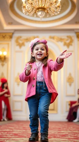 a 3 years old girl in modern clothing and makeup dancing with cute and joy and singging in azeri "in a modern royal hall