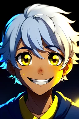 Style: Cartoon anime or manga, A boy with dark skin tone, with yellow and blue eyes, white hair, moon-shaped cheek marks, and a childish smile, he seems pretty crazy HEHE!