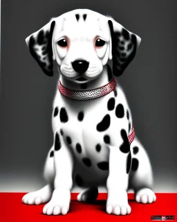 photorealistic dalmatian puppy, tilting head, sitting on kitchen floor, red collar, black paw prints on floor