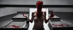 a faceless woman covered in blood holding up a black rectangular box