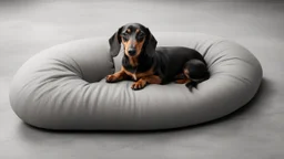 The dachshund, curled up like a spiral on a grey cushion, and her owner, barefoot on the concrete floor, shared a moment of pause in front of a huge canvas; both, in silence, seemed to be part of the same creative act.