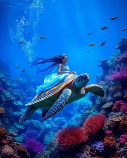 magical vibrant colors underwater Queen in deep blue sea beautiful corals,fishs and she on sitting driving giant turtle story photography fantasy art