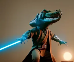 Star wars animation, crocodile, frills, visor, samurai robe, holding lightsaber, hands, wrist gauntlets