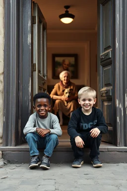 A black one year old boy and a white boy both smiling , sitting on the door steps of the an old paints house door , in the background a room with old woman holding a dog sitting on the couch , insanely detailed octane render trending on artstation, 8k artistic photography, photorealistic concept art, soft natural volumetric cinematic perfect light, chiaroscuro, award-winning photograph, masterpieces, oil on canvas, Raphael, Caravaggio, Greg Rutkowski, people,