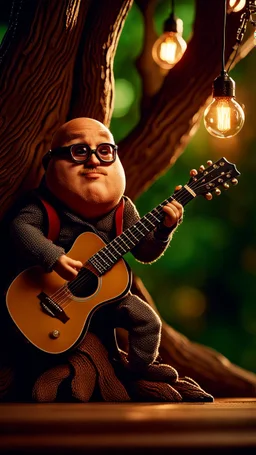 portrait of hairy sweedish rock guitar ninja potato living inside a tree house in a hollow huge tree growing light bulbs, singing into ornate studio mic,bokeh like f/0.8, tilt-shift lens 8k, high detail, smooth render, down-light, unreal engine, prize winning