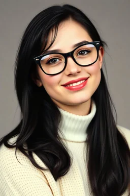 full color image, 1980's yearbook photo, girl, Sonja Woleslagel, 24 years old, a sly, clever smile on her face, 1980's clothing and hair styles, 4k UHD, photorealistic, (big, full, plump, pouty lips:1.5) black hair, big cat-eye eyeglasses, full body, head to toe, full frontal