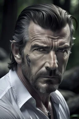 Portait young pierce brosnan as fantasy alpha werewolf in human form very muscular short cropped dark hair and stubble on chin, tribal tattoos wearing white button up shirt with rolled up sleeves realistic face, close-up, dark fantasy, fantasy forest, intricate details, hyper detailed, photograph