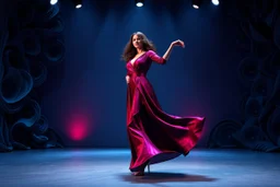 modern stage with gray-blue theme artistic decoration , color full dynamic lighting, a beautiful lady in modern maxy dark purple red dress with shining silver jwells dancing, 3D recursive fractal structure animating background