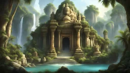 храм индии ганеши в джунглях пальмы скалы водопады лианы двор из камней руины фэнтези арт