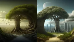 the last tree on earth, portal to a space near the tree on the left, on the right city of the future year 4222, very realistic,