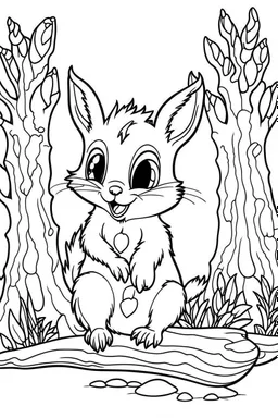 cute coloring page, sketch style, cute baby squirrel in the wood, cartoon, white and black, withe background, no shadows, outline.