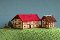 Hand sewn and embroidered extremely cute Austrian mountain village, threads, sewing needles on a table on lace blanket in a luxury bedroom, centre, bold colours elegant fantasy 8k beautiful dynamic lighting award winning imperial colors hyperrealistic ultra detailed 4K 3D high definition crisp quality colourful hdr in sunshine