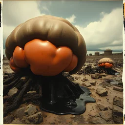 Photography polaroid close-up of a random landscape with massive odd Yves Tanguy incomprehensible style Surrealism, glossy, organic, creepy tumor mass growing, strong texture, fiotti di liquido nero, horror, panic, obsessive, hypnotic