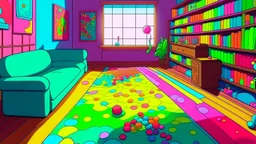 Fantasy cartoon illustration: Living room. On the floor there is a bright blue dot - it's a jelly bean! And nearby there is a whole trail of colorful jelly beans: red, green, purple, orange, red, blue, orange, purple, orange, green, pink, red, purple.