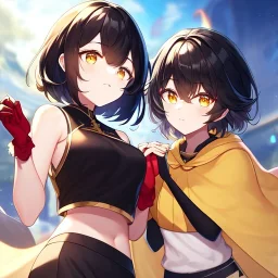 Clear focus,High resolution, Black short fluffy hair, and yellow eyes, wearing a black short skirt, sleeveless crop top, wearing long dark red gloves, yellow cloak, Holding hand out