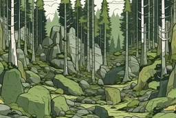 a forest with rock on middle