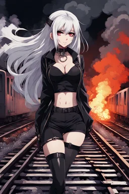 close-up gothic anime girl, white hair, tight outfit with gun on thigh, standing on a train track, smoke and fire surroundings, she is dull and dark, looks determined , train approaching behind her, anime manga style