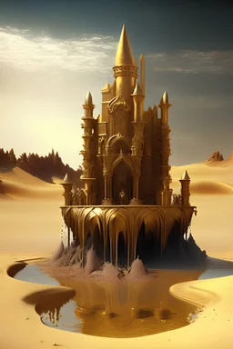 gothic gold castle with fountain in the desert