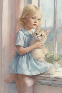 Illustration of model gemma ward as toddler, at the window,with a cat, 1980s,style of Marcel Marlier, pastel colors