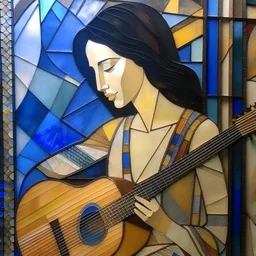 Highly detailed abstract (fresco) or (stained glass mural) of Madonna Joan Baez with blue guitar, by (((Matisse))) and Dorothea Lange. The (rough stone or glass texture) is showing through the paint. ((Muted colors)), [[dramatic lighting]]. [Short brush strokes], [expressive brush strokes]. [Paint texture]. Canvas texture. Art history, Google images, 4k. (Simplified background). Spiritual, religious. Sunlight streaming in from behind glass.