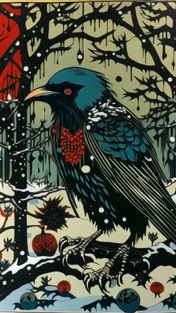 A contemporary serigraphy by Matisse and Kunisada of a human-like raven adorned in a punk leather jacket within a snowy Christmas atmosphere.