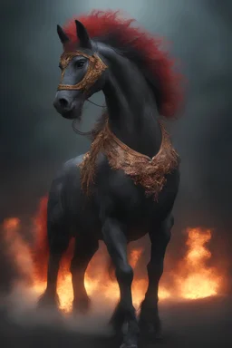 full body, head to toe, 3D, the anthropomorphic black Chinese Indian werewolf Horse with Long wavy, curly (((red hair))) breathing fire, resembles Elvis Presley - full color - 32k, UHD, 1080p, 8 x 10, glossy professional quality digital photograph - dark foggy gradated background, historic, powerful, octane rendering, exquisite detail, 30 - megapixel, 4k, 85 - mm - lens, sharp - focus, intricately - ((skin details, high detailed skin texture