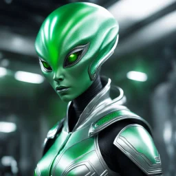 green galactic female alien with silver suit