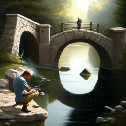 an artist with an easel sits next to a little stone bridge, he is painting. highly detailed, smooth colours