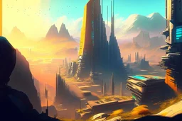 cyberpunk city, sunny day, valley, mountains, sci-fi, epic