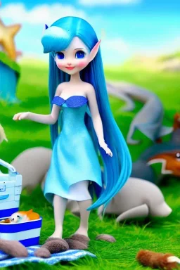 Female sea elf on a picnic with her animal friends,blue hair, blue skin, expressive emotion, highly detailed, laughing, nature, Grove, oasis