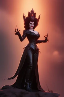 Geena Davis as evil queen in black leather, leather, busty, cleavage, angry, rage, stern look. character design by cory loftis, fenghua zhong, ryohei hase, ismail inceoglu and ruan jia. unreal engine 5, artistic lighting, highly detailed, photorealistic, fantasy