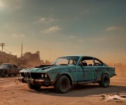 Realistic image. Mad max car. BMW 4 2023. 4k resolution, intricate details, ornate details, soft lighting, vibrant colors, retroanime, futuristic cityscape background