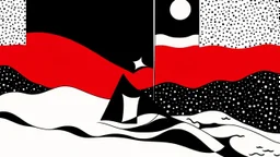 An abstract illustration by Malevich and Kuniyoshi of a black and white desert landscape with a minimalist red pirate flag.