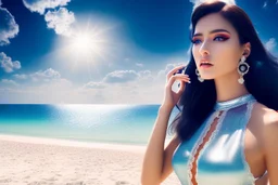 very nice real face beautiful sexy roman with make up at the beach standing pose in a short lace dark blue and silver dress, full body, 3D coudy sky volumetric nice clouds 8k sharp focus