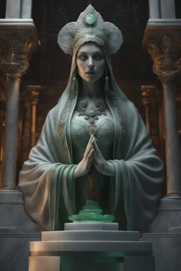 highly detailed marble and jade sculpture of a female necromancer, transparent nail polish, beautiful hands, stunning face, volumetric fog, Hyperrealism, breathtaking, ultra realistic, unreal engine, ultra detailed, cyber background, Hyperrealism, cinematic lighting, highly detailed, breathtaking, stunning environment