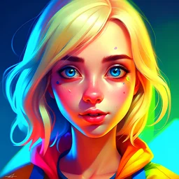 22-year-old blonde girl in full height, large expressive almond-shaped eyes, high arched eyebrows, full and naturally pouty heart-shaped lips, video game digital art, bright and vibrant colors, dynamic and action-packed, high energy, cartoonish style, professional-quality, detailed features, vibrant colors, animated, dynamic lighting