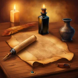 A old parchment scroll laying on wooden desk with a quill and a bottle of ink. Magical. Epic. Dramatic, highly detailed, digital painting, masterpiece