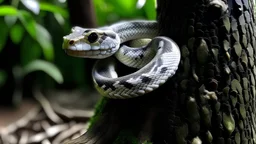 a white metal snake wraps around a tree and crawls up
