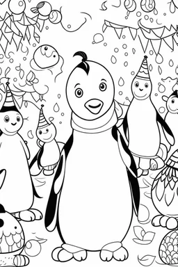 HAPPY NEW YEAR coloring page for kids, A cute penguin parade with confetti in a chilly Arctic scene, thick outline, low details, no shading, no color