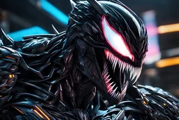 Cyber Machine venom in 8k anime realistic drawing style, neon effect, close picture, snow, black wings, apocalypse, intricate details, highly detailed, high details, detailed portrait, masterpiece,ultra detailed, ultra quality