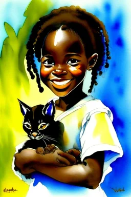 A cute smiling african girl is holding a kitten. Watercolour