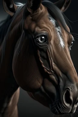 Horse with small overly realistic human eyes, scary