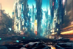 Art by John Berkey and John Harris and Craig Mullins, futuristic cyberpunk city, high rise, smooth, sharp focus, hyper detailed, digital painting, elegant, centered, detailed, neon signs, volumetric lightning, brutalist architecture, 8k, hover cars