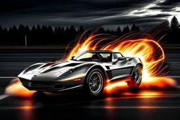 A massive whirlpool of fire spinning and shooting out strokes of lightning in the empty sky over a silver chevrolet corvette stingray with mirrored windows.