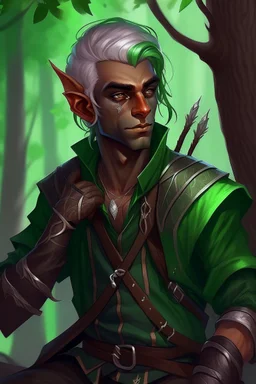 Male elf, rogue assassin, brown skin, bright green eyes, mauve hair, sneaky, trees, stoner, bow and arrows, black leather straps, disheveled, smoking weed