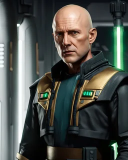 star wars bald male corellian pilot wearing dark gunmetal grey and black First Order special forces TIE pilot armored flightsuit and helmet with gold trim inside the jedi temple, centered head and shoulders portrait, hyperdetailed, dynamic lighting, hyperdetailed background, 8k resolution, volumetric lighting, light skin, fully symmetric details